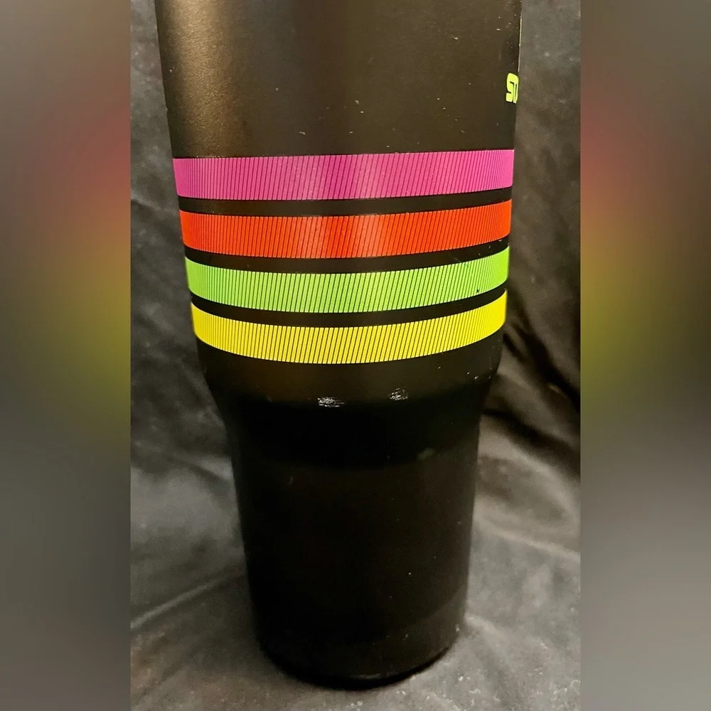 Stanley 30 Ounce Distressed Black Travel Mug with Rainbow of Neon Stripes Trendy - Picture 5 of 12
